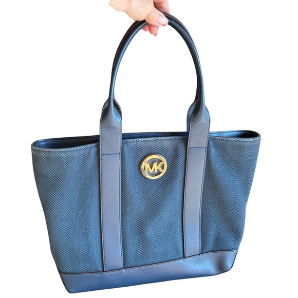 Michael Michael Kors Fulton Tote Navy Canvas Leather Trim Shoulder Bag - Picture 1 of 12